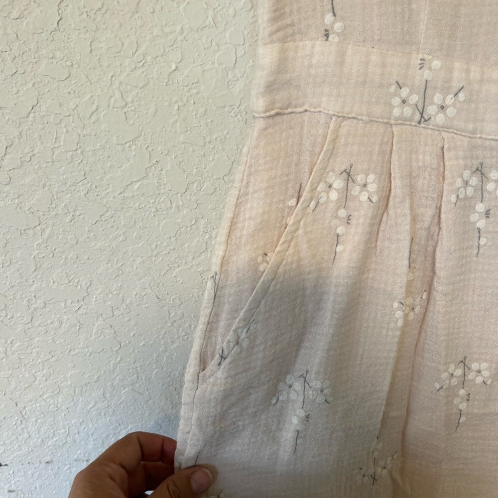 Beige Embroidered Wide Leg Jumpsuit, Cottagecore Boho Floral Romper - Picture 3 of 13